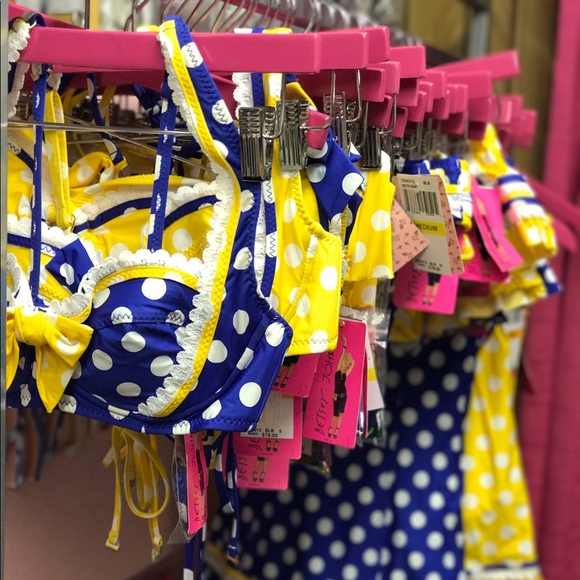 Betsey Johnson yellow blue bow polka dot bikini skirted bottom rockabilly pinup - Picture 9 of 9